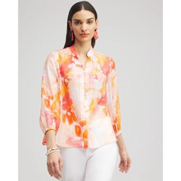 Chico's Shirt Womens Size 4 US 20 Orange Watercolor Button Front Lightweight - Picture 1 of 9